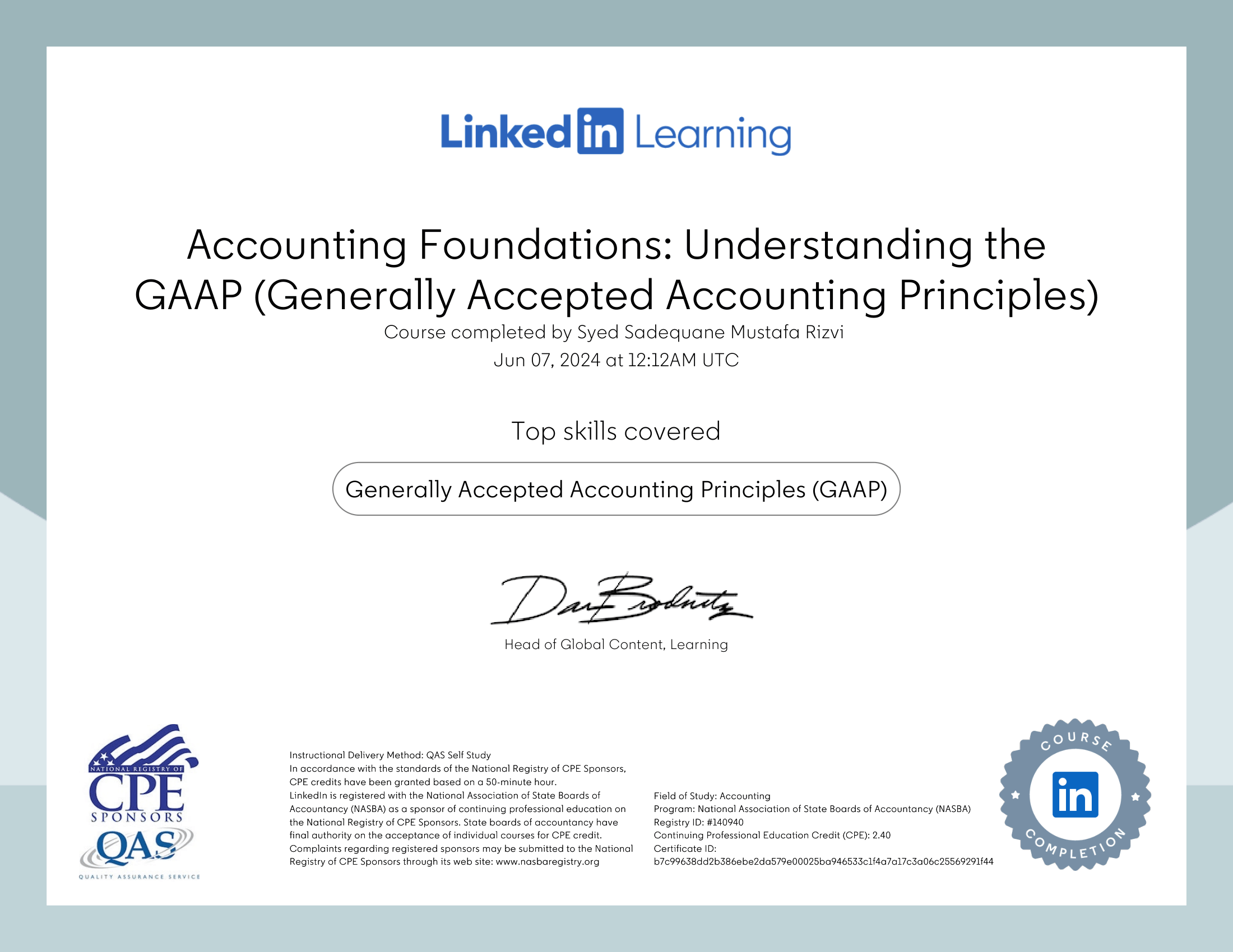 Syed Sadequane Mustafa Rizvi GAAP